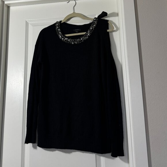 Halogen Women's Black Cold Shoulder Rhinestone Viscose Cashmere Blend Sweater M - Picture 2 of 13